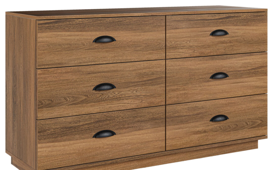 Wood six-drawer dresser with dark handles and visible wood grain